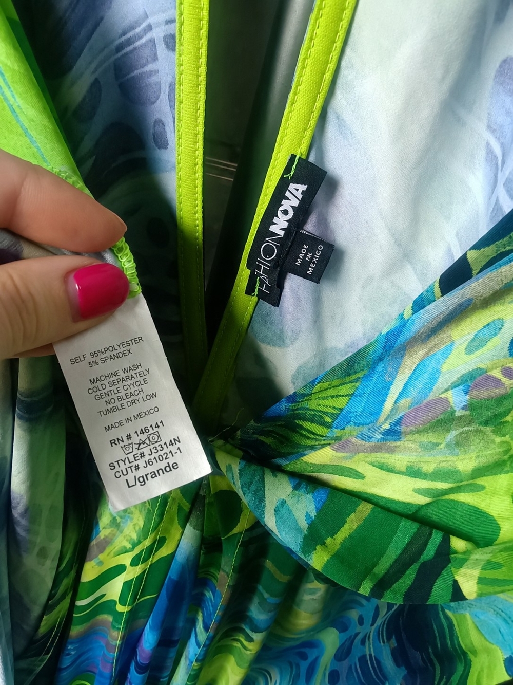 Fashion Nova Abstract Print Wide Leg Jumpsuit Women's Large Neon Blue Green Open - Picture 2 of 10